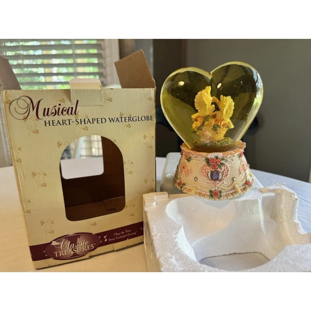 Classic Treasures Musical Water Snow Globe Heart Doves On Flower Basket Works!
